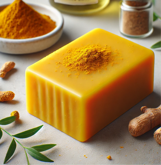 Turmeric Kojic Acid soap with turmeric sprinkled on top with turmeric in various containers surrounding the soap